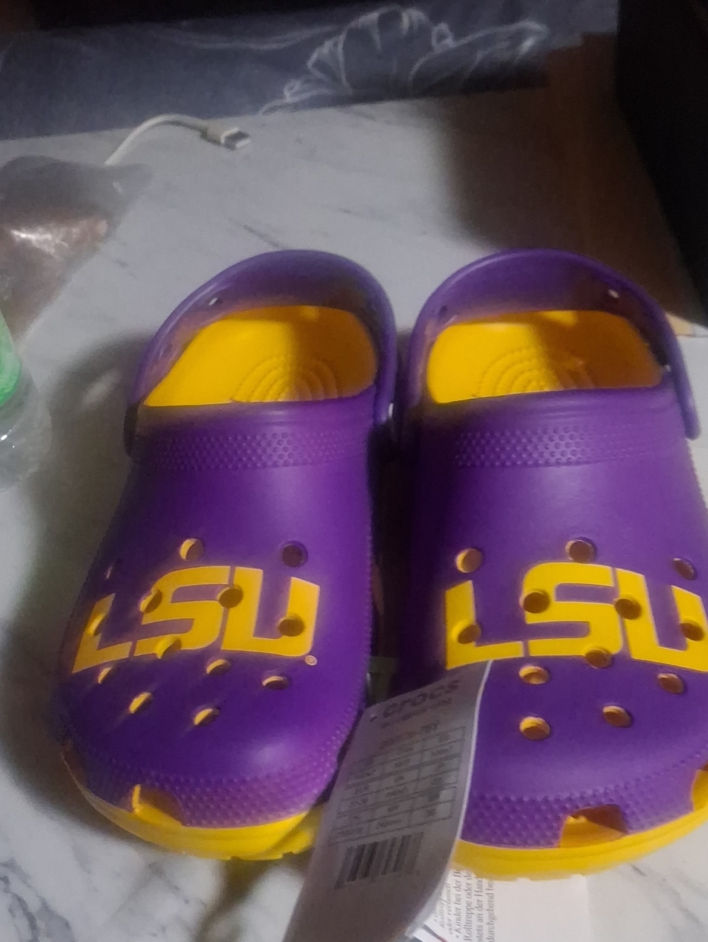 CROCS Kids Purple and Yellow LSU Clogs with Logo